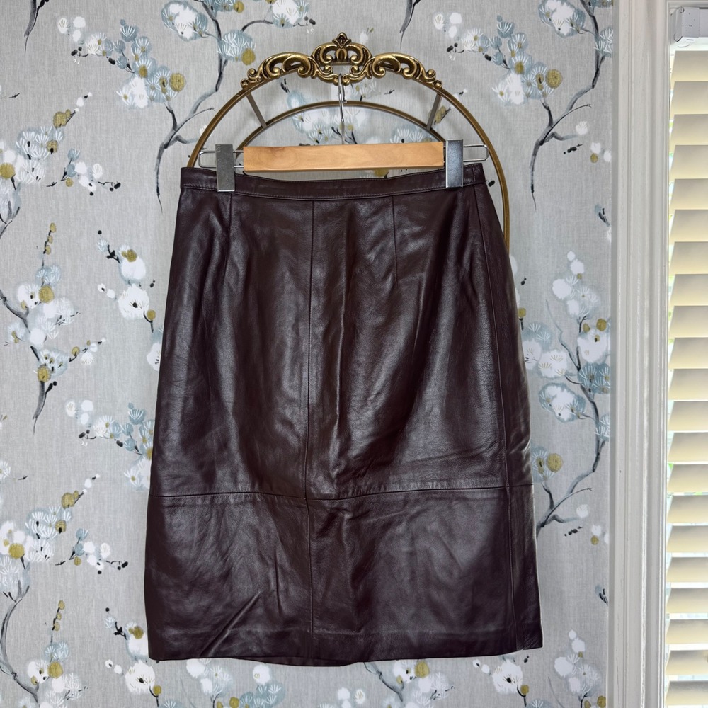 Talbots Petites Leather Pencil Skirt Dark Burgundy Brown Size 6P Genuine Leather